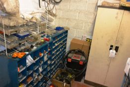 Two bays of stores racking and contents incl. various consumable stock