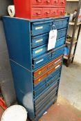 Steel frame 12-drawer storage unit and contents, incl. terminals, fixings, clips, etc.