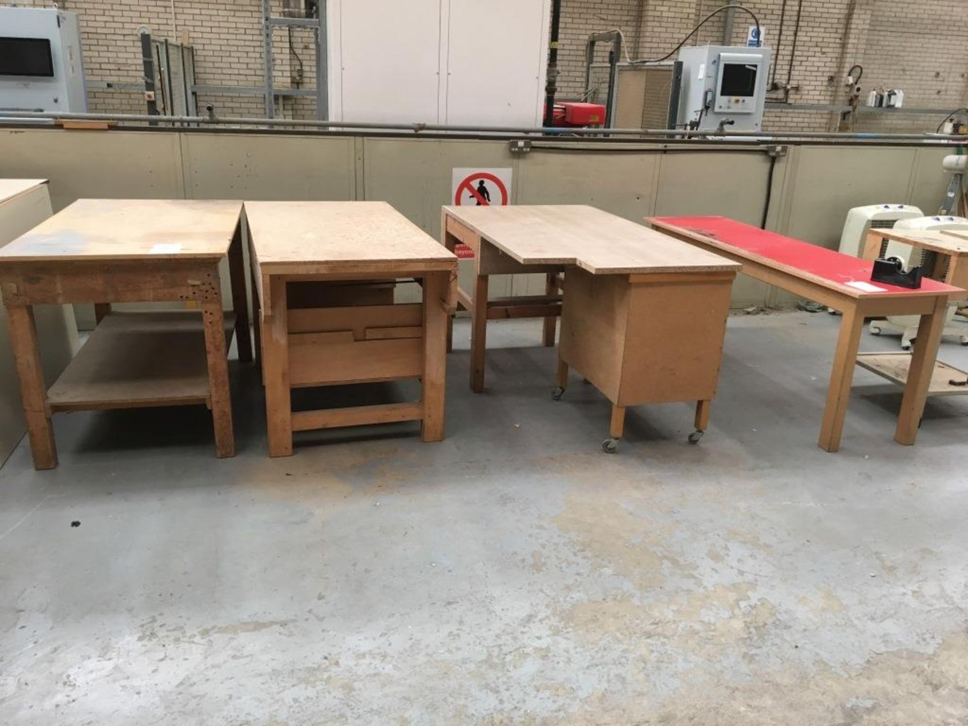 Five wooden works benches (contents not included)