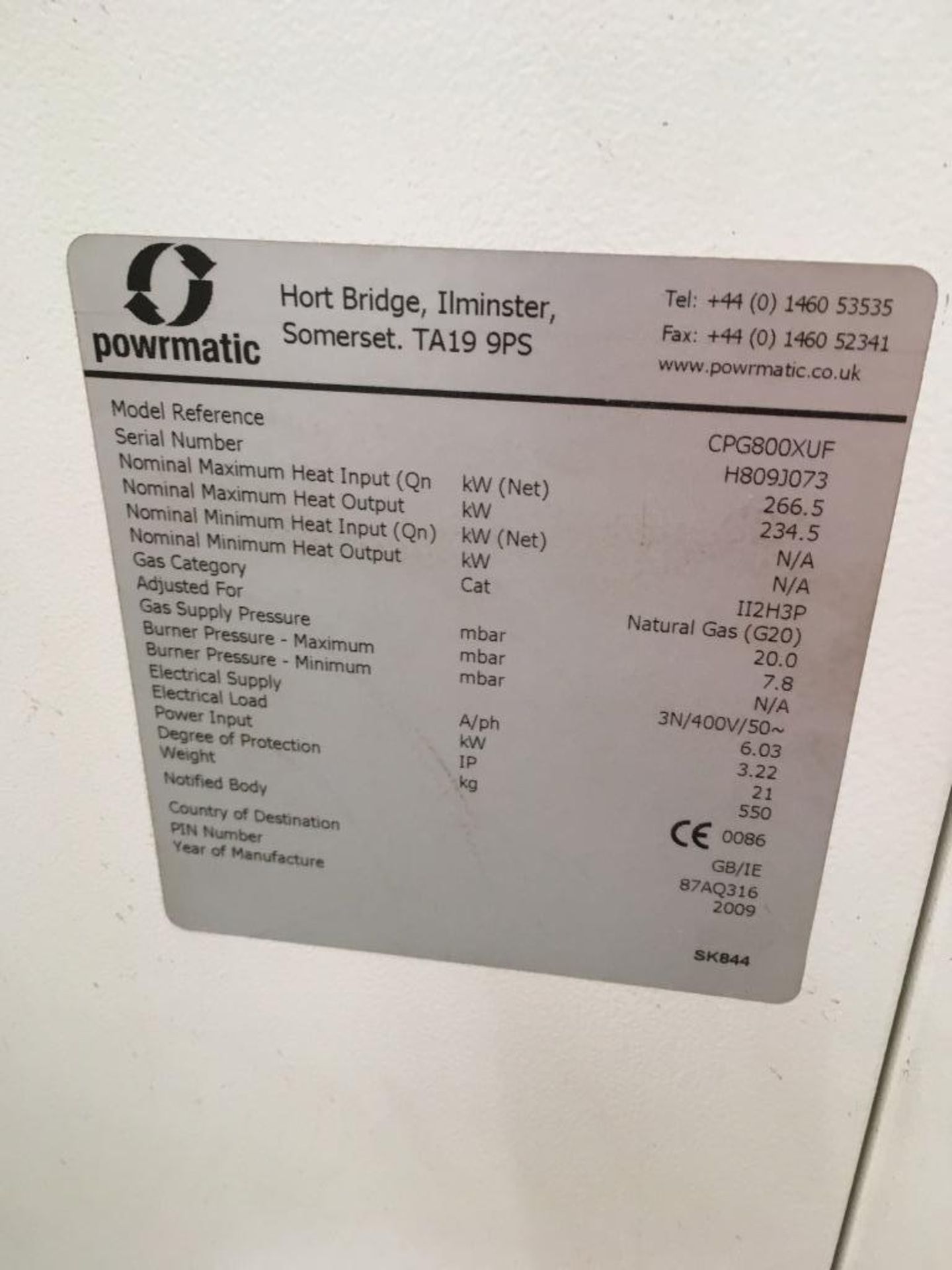 Powrmatic CPG800XUF factory, no. H809J073, year: 2009. NB. A work Method Statement and Risk - Image 2 of 3