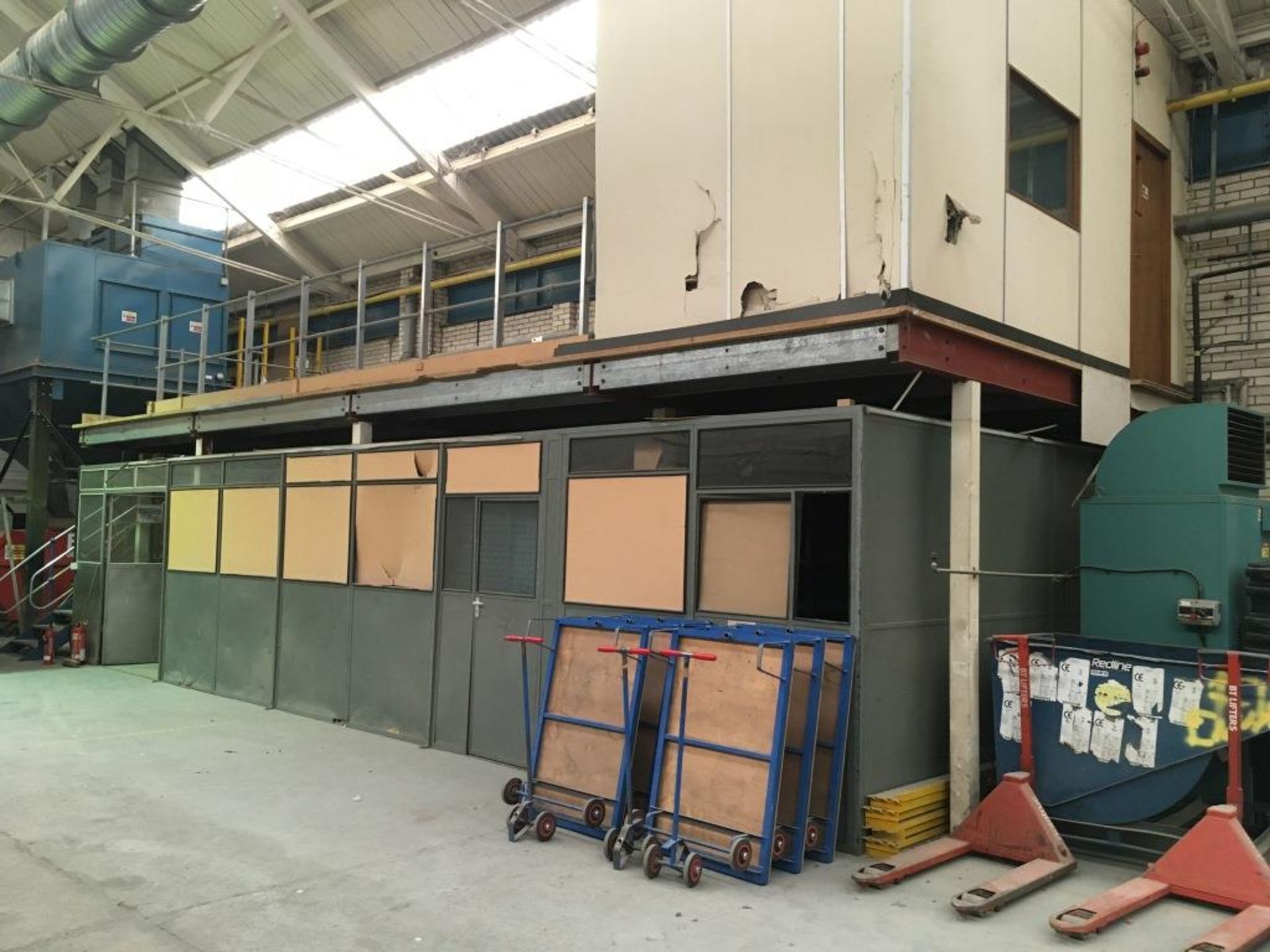 Mezzanine floor with partitioning below NB. A work Method Statement and Risk Assessment must be