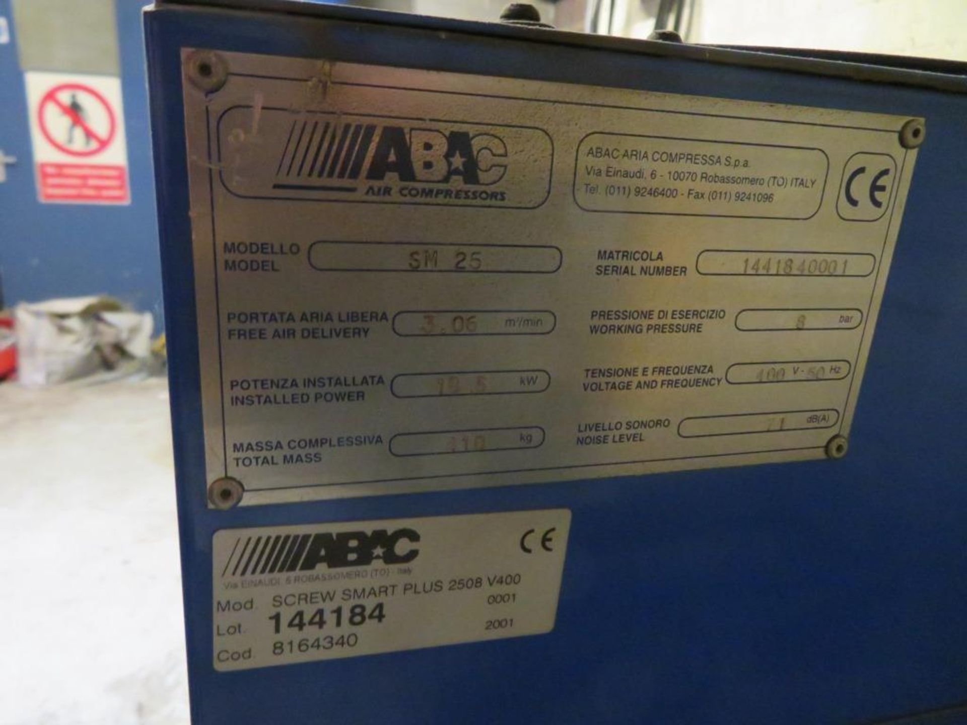 Abac Smart 2508 plus 8 bar compressor, Model: SM25, Serial No. 1441840001, with Masteria air dryer - Image 4 of 7