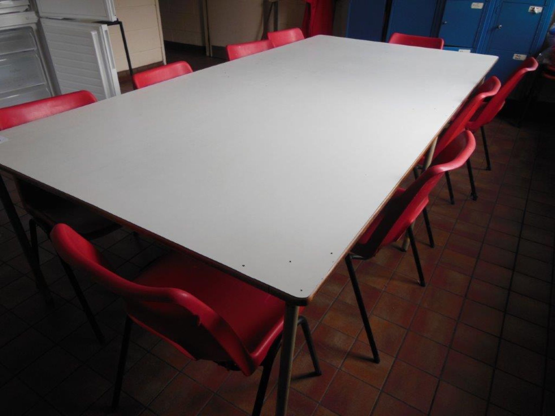 Laminate topped canteen table and 11 red polypropylene stacking chairs, contents of cupboards - Image 3 of 5