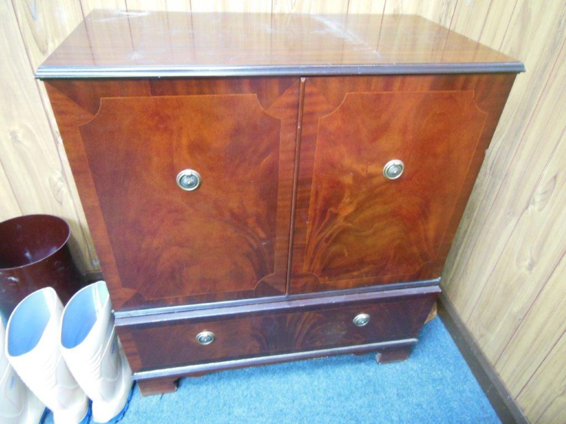 Contents of office including wooden desk, velour upholstered arm chair, pair wooden side chairs - Image 4 of 5