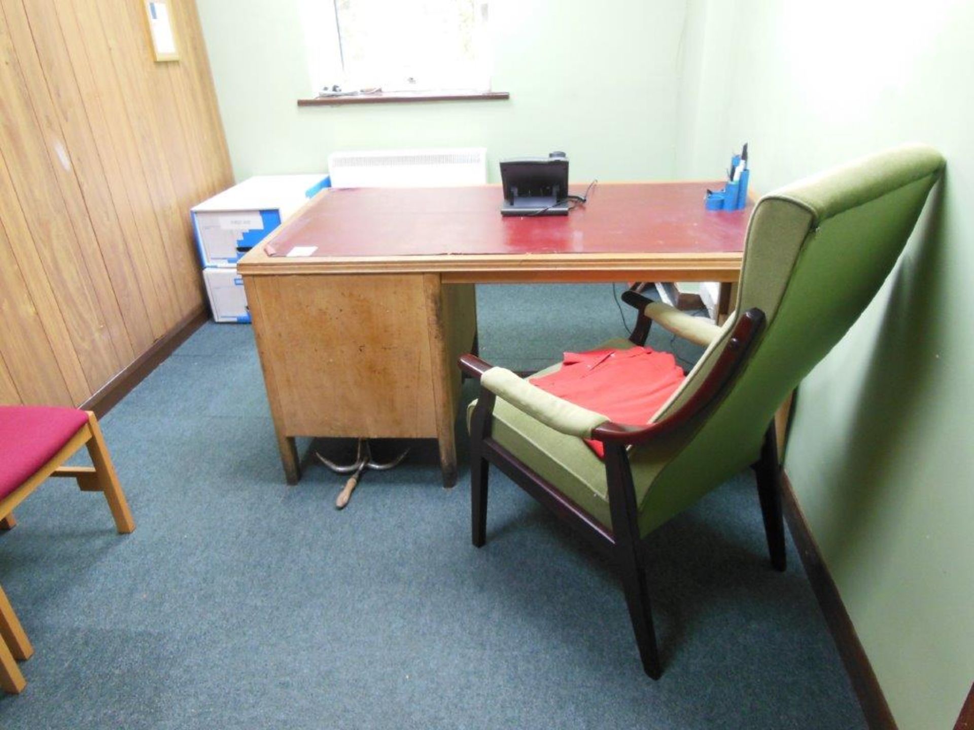 Contents of office including wooden desk, velour upholstered arm chair, pair wooden side chairs - Image 2 of 5