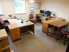 Contents of office including 2 wooden workstations 2 x wooden single pedestal desks, laminate