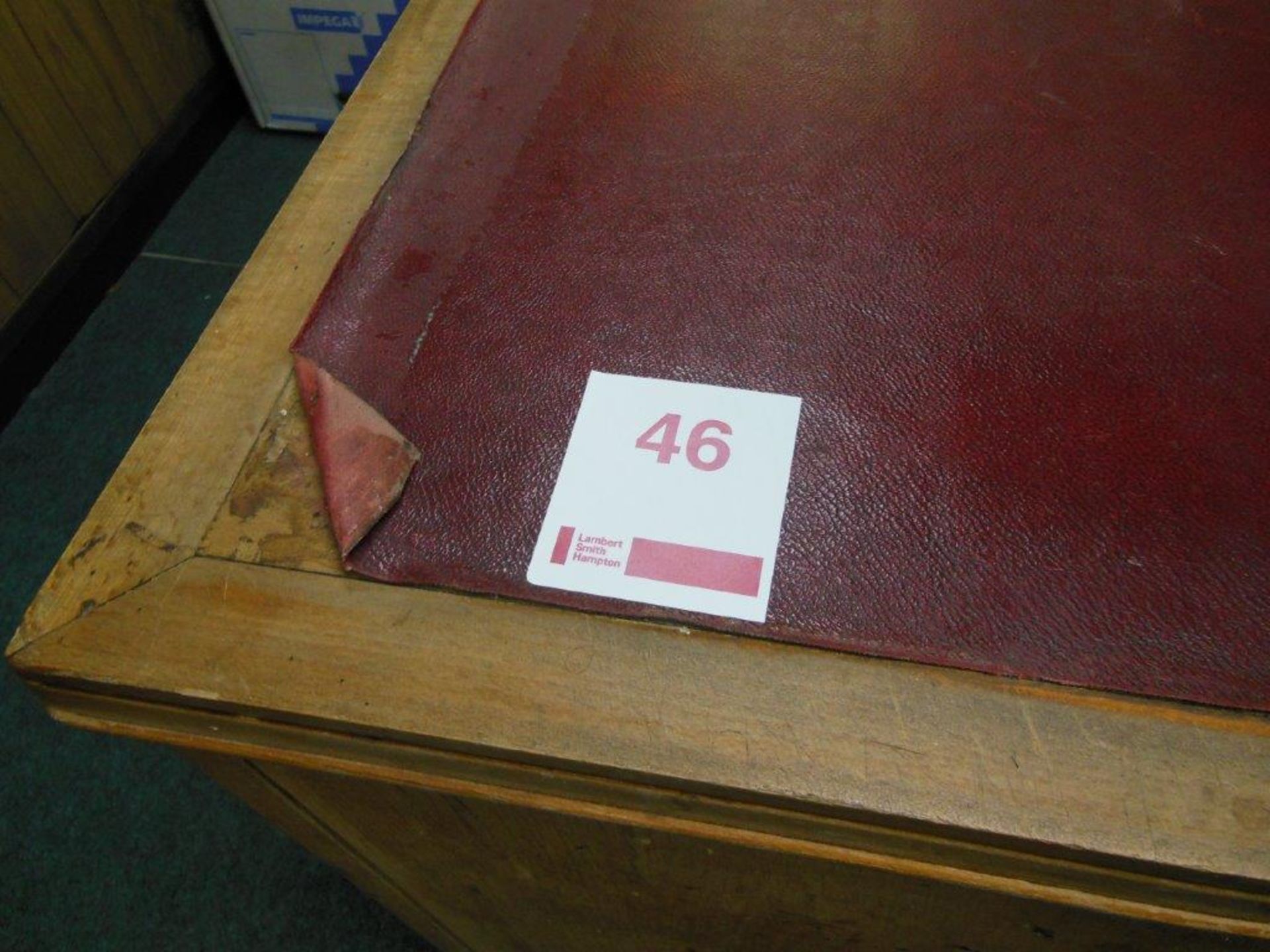 Contents of office including wooden desk, velour upholstered arm chair, pair wooden side chairs