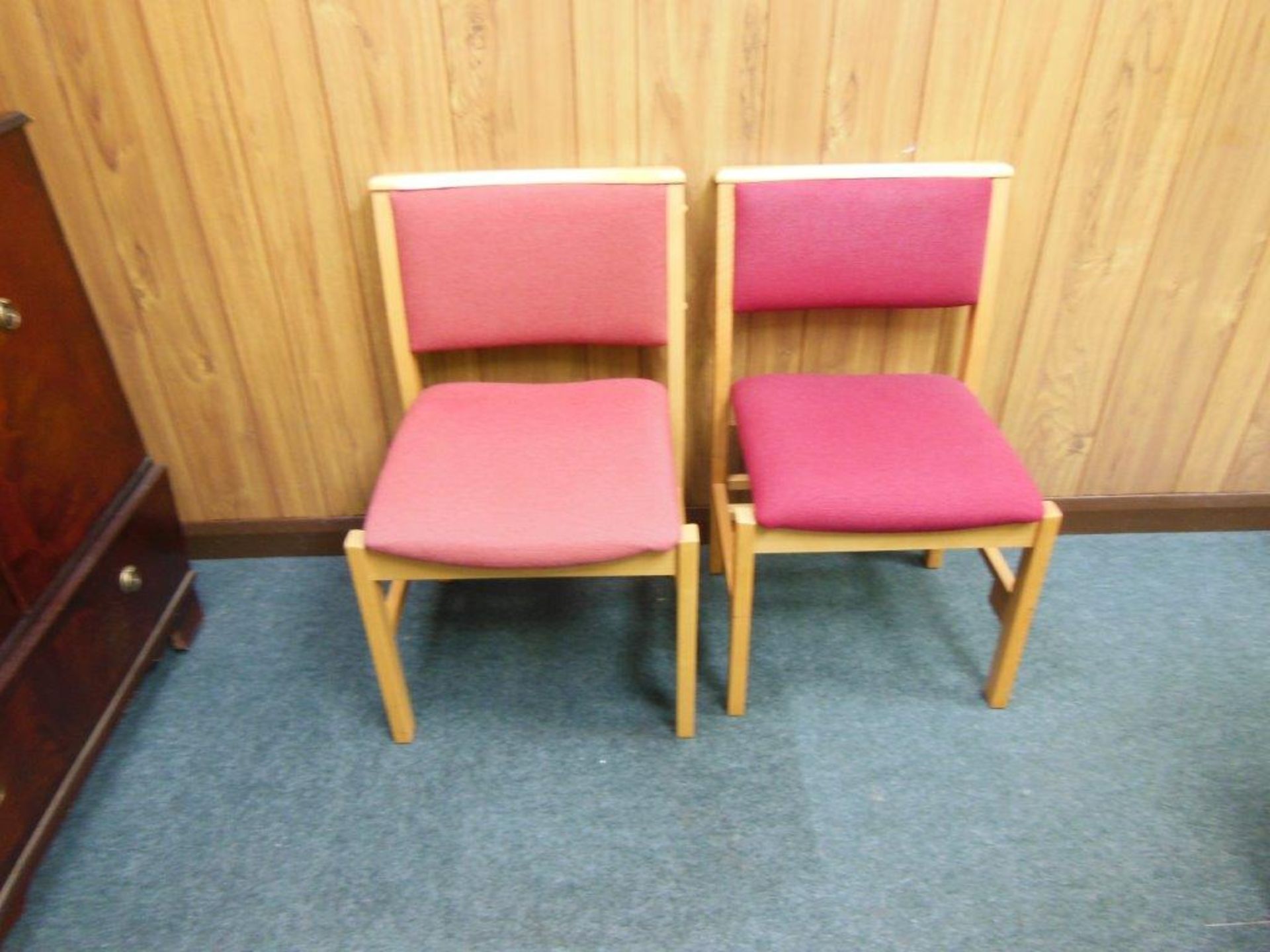 Contents of office including wooden desk, velour upholstered arm chair, pair wooden side chairs - Image 3 of 5