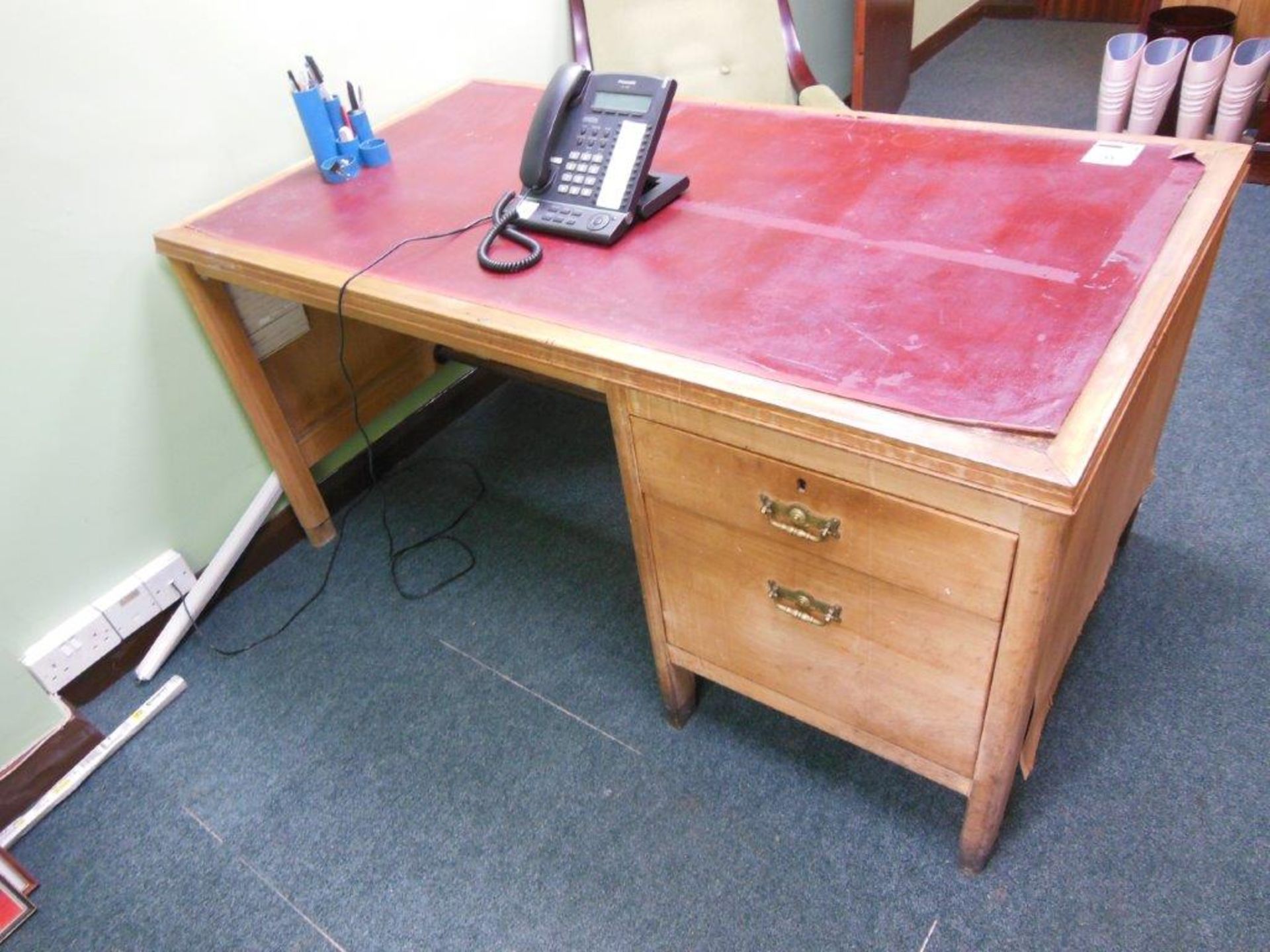 Contents of office including wooden desk, velour upholstered arm chair, pair wooden side chairs - Image 5 of 5