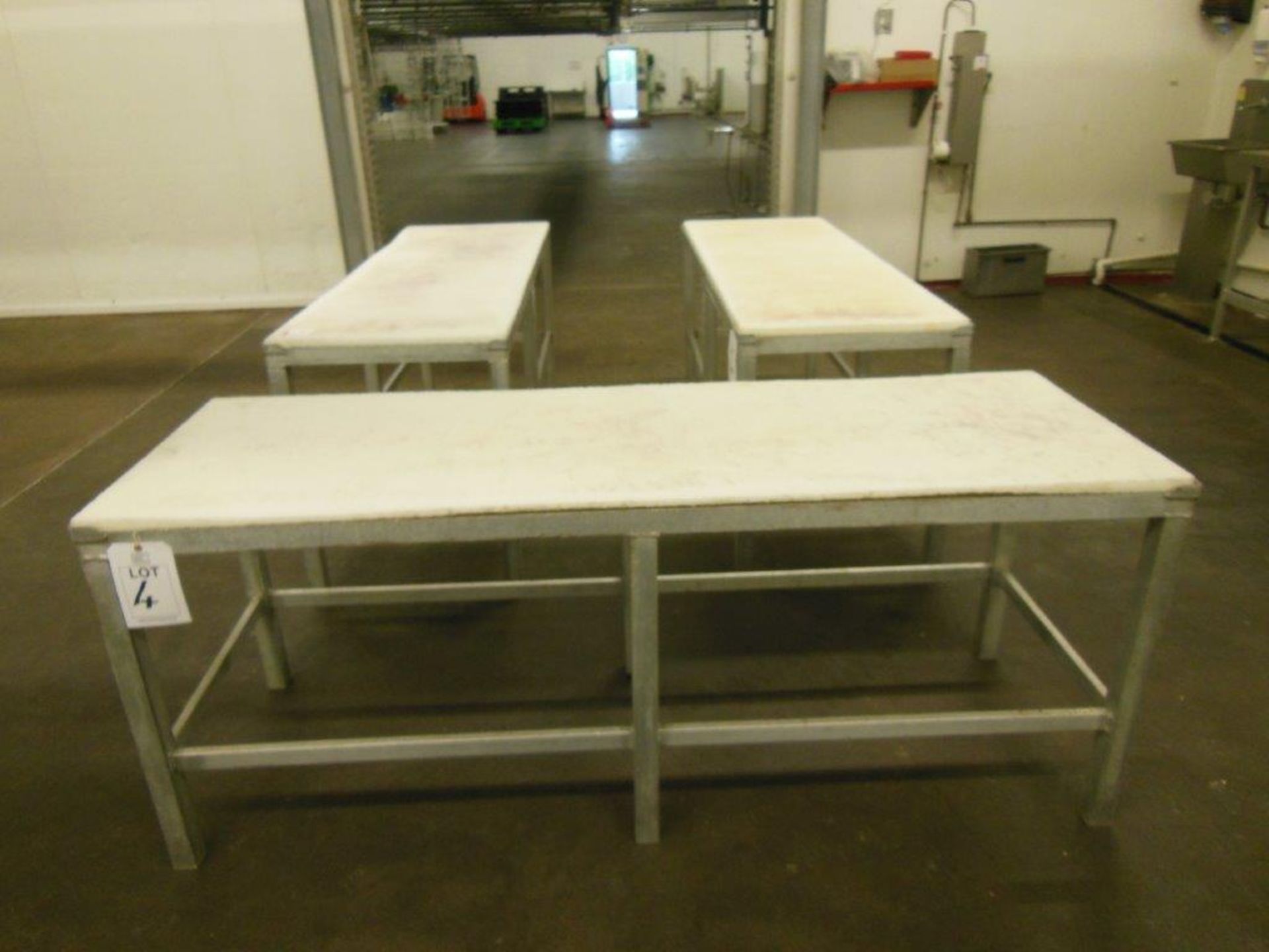 3 x Polypropylene topped aluminium framed meat preparation tables 1830 x 750 x 610mm