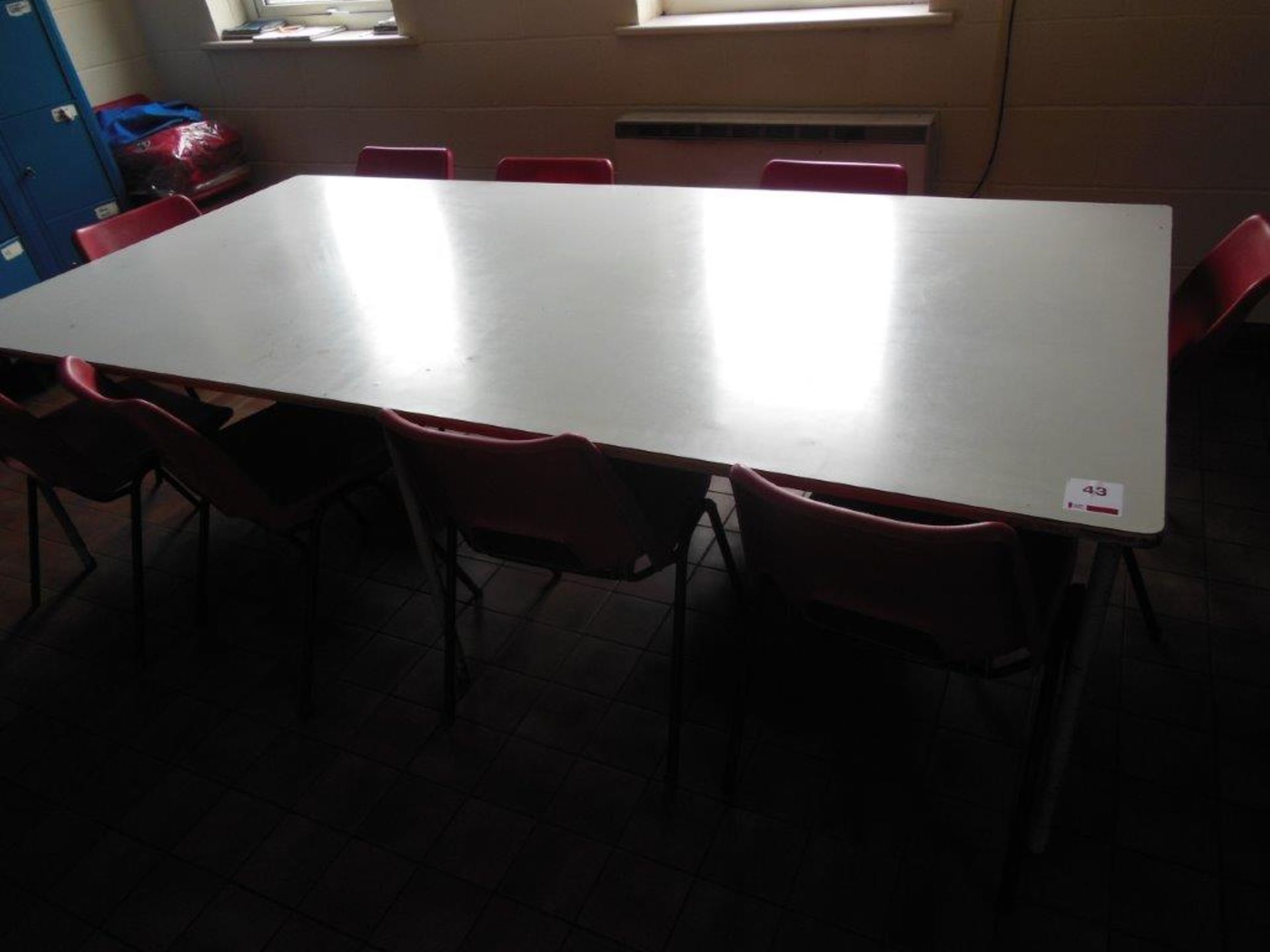 Laminate topped canteen table and 11 red polypropylene stacking chairs, contents of cupboards - Image 2 of 5