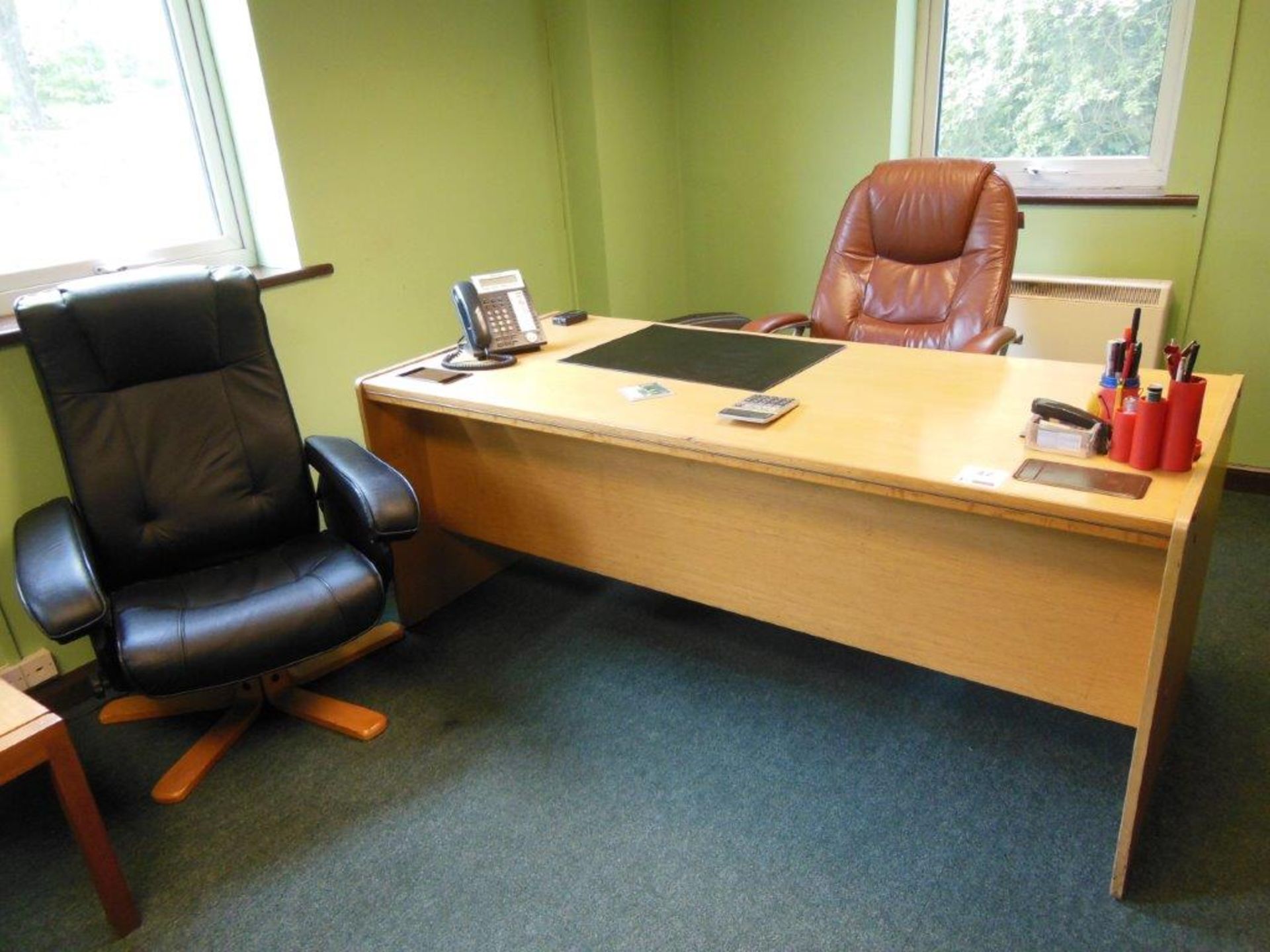 Contents of office including wooden double pedestal desk, 2 x assorted leather effect swivel chairs, - Image 2 of 4