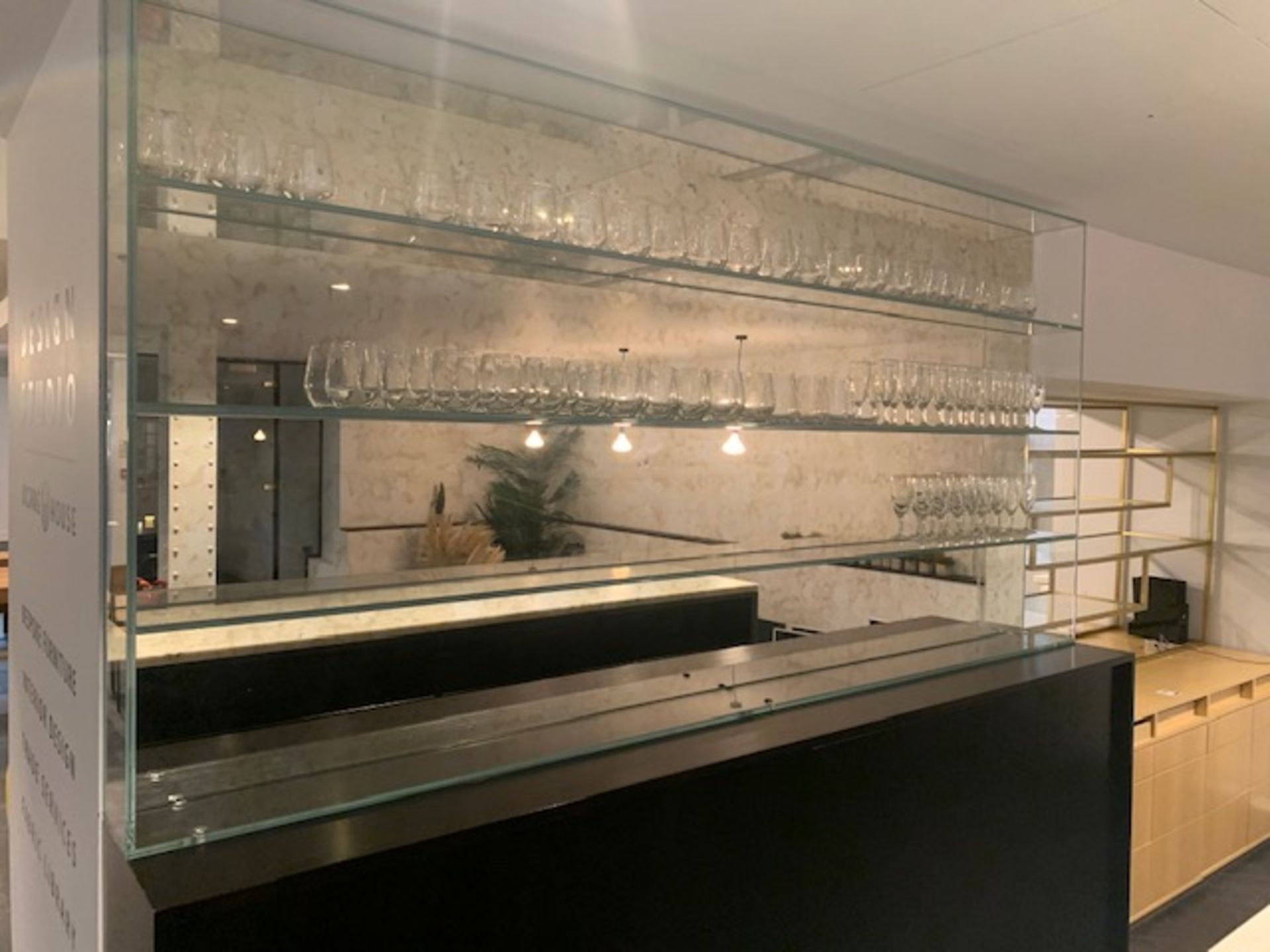 Marble top bar c/w glass display shelving and roller fronted storage units with approx 100 - Image 3 of 8