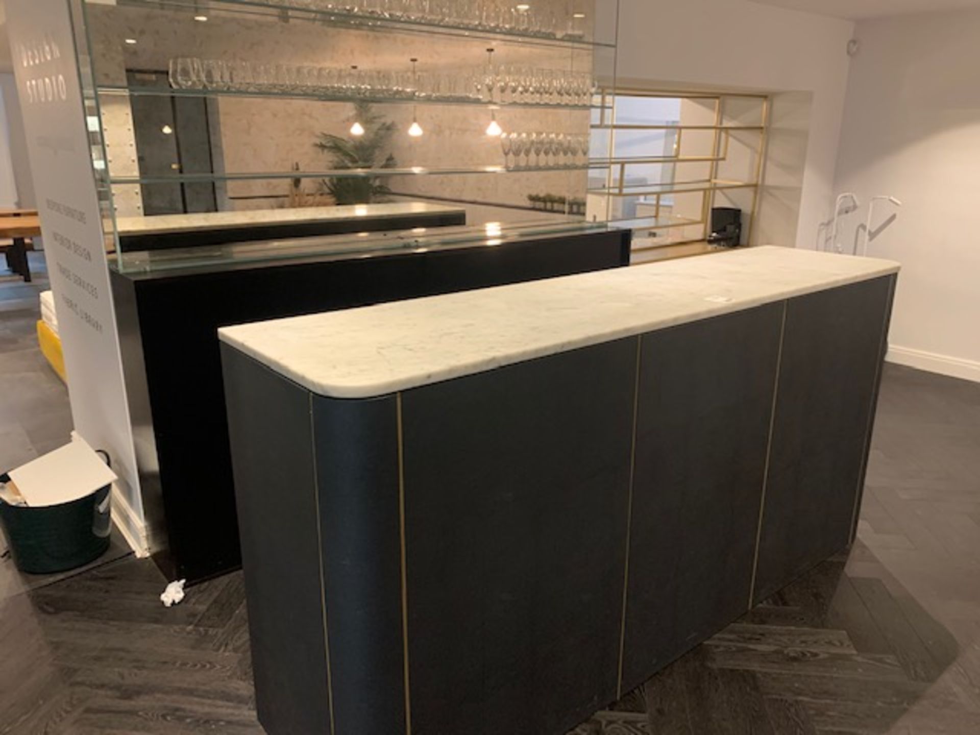 Marble top bar c/w glass display shelving and roller fronted storage units with approx 100 - Image 2 of 8