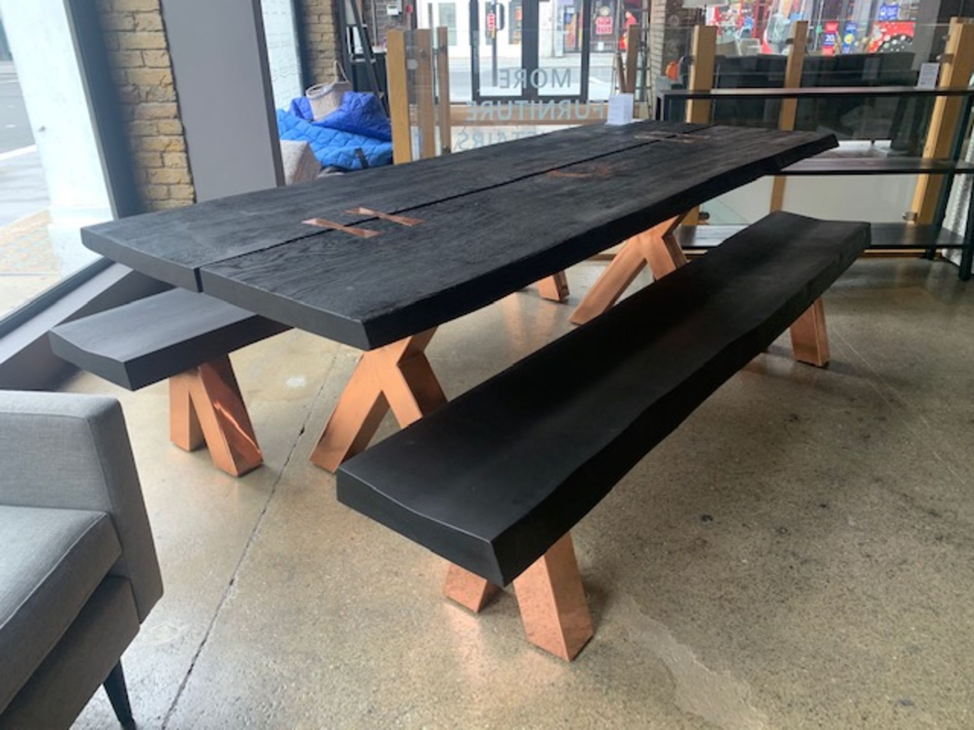 Lombok Kenta ebonised oak & copper dining table c/w 2 Lombok Kenta ebonised oak & copper benches - Image 2 of 7