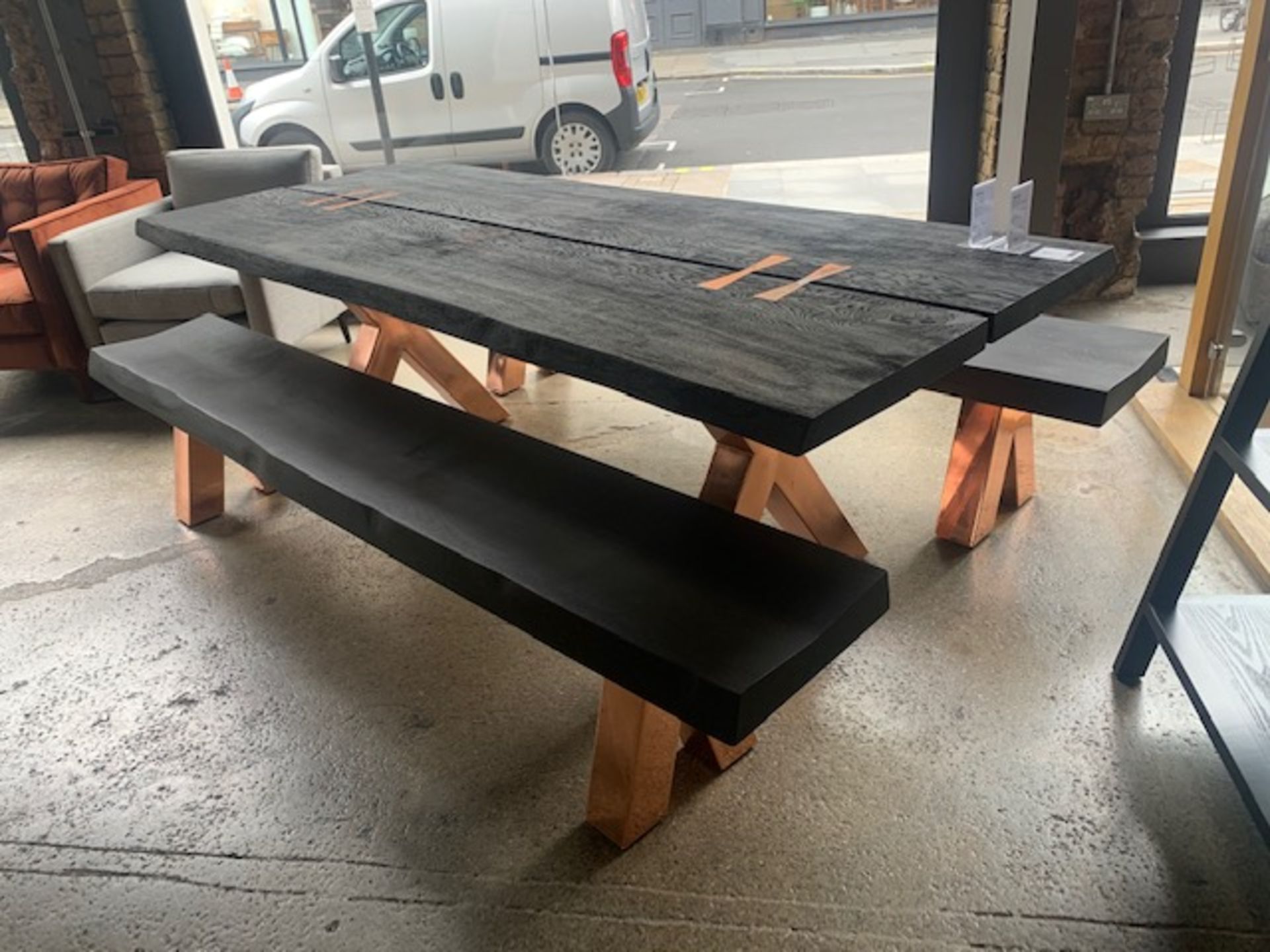 Lombok Kenta ebonised oak & copper dining table c/w 2 Lombok Kenta ebonised oak & copper benches