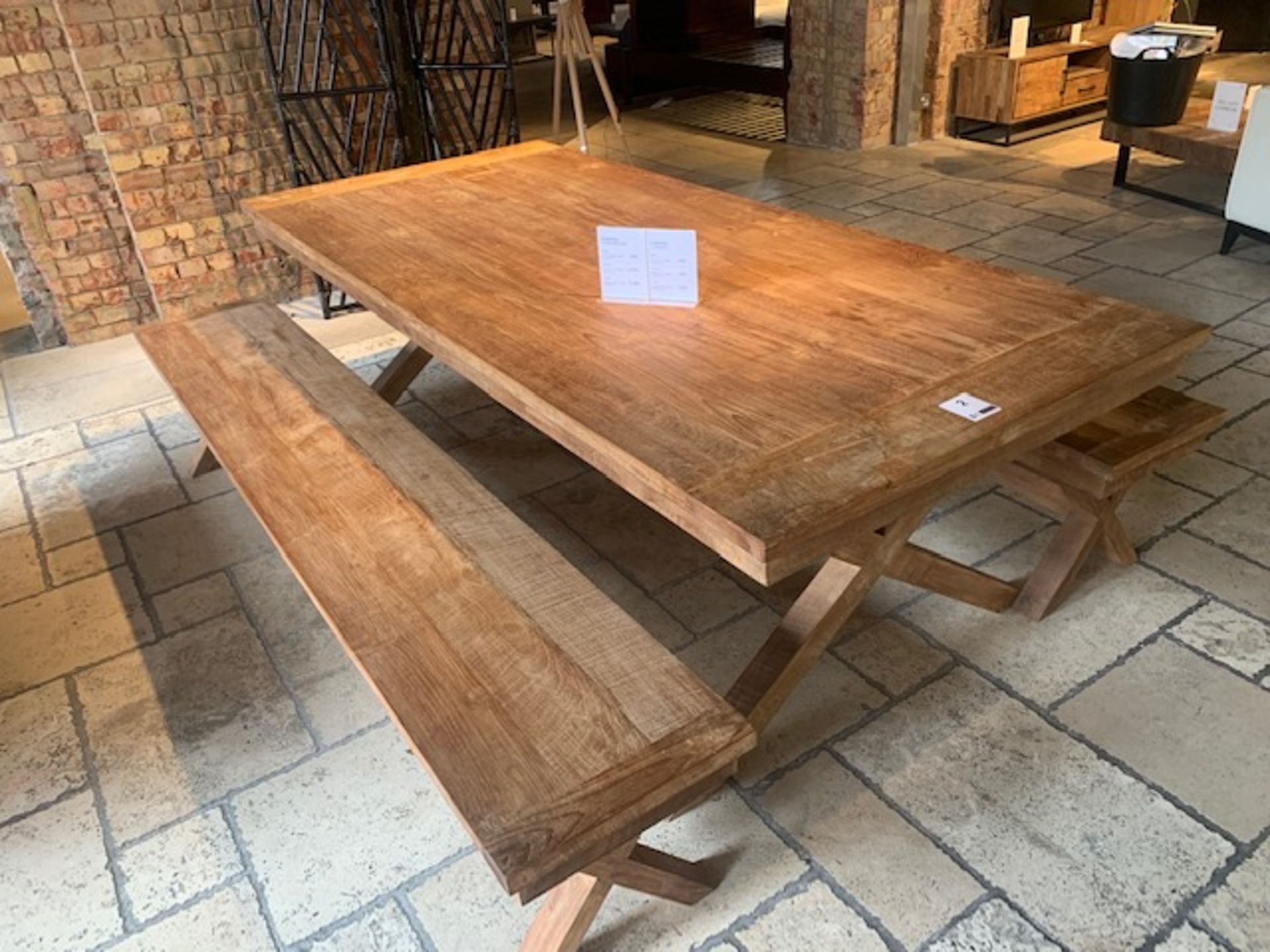 Lombok Samatra X-Leg dining table c/w 2 Lombok Sammatra X-Leg benches table sixe W 240cm D 106cm H - Image 2 of 7