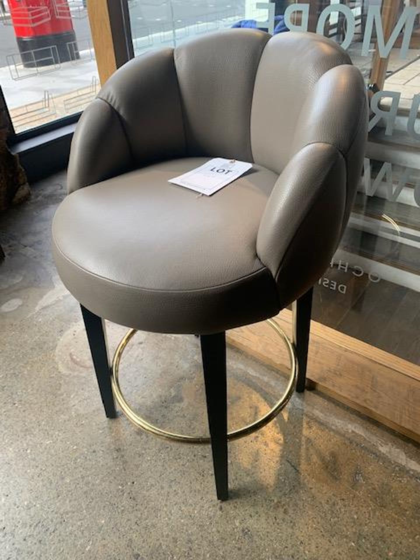 Bespoke Tub Bar Stool with grey leather, black legs & brass footrest - Image 2 of 4