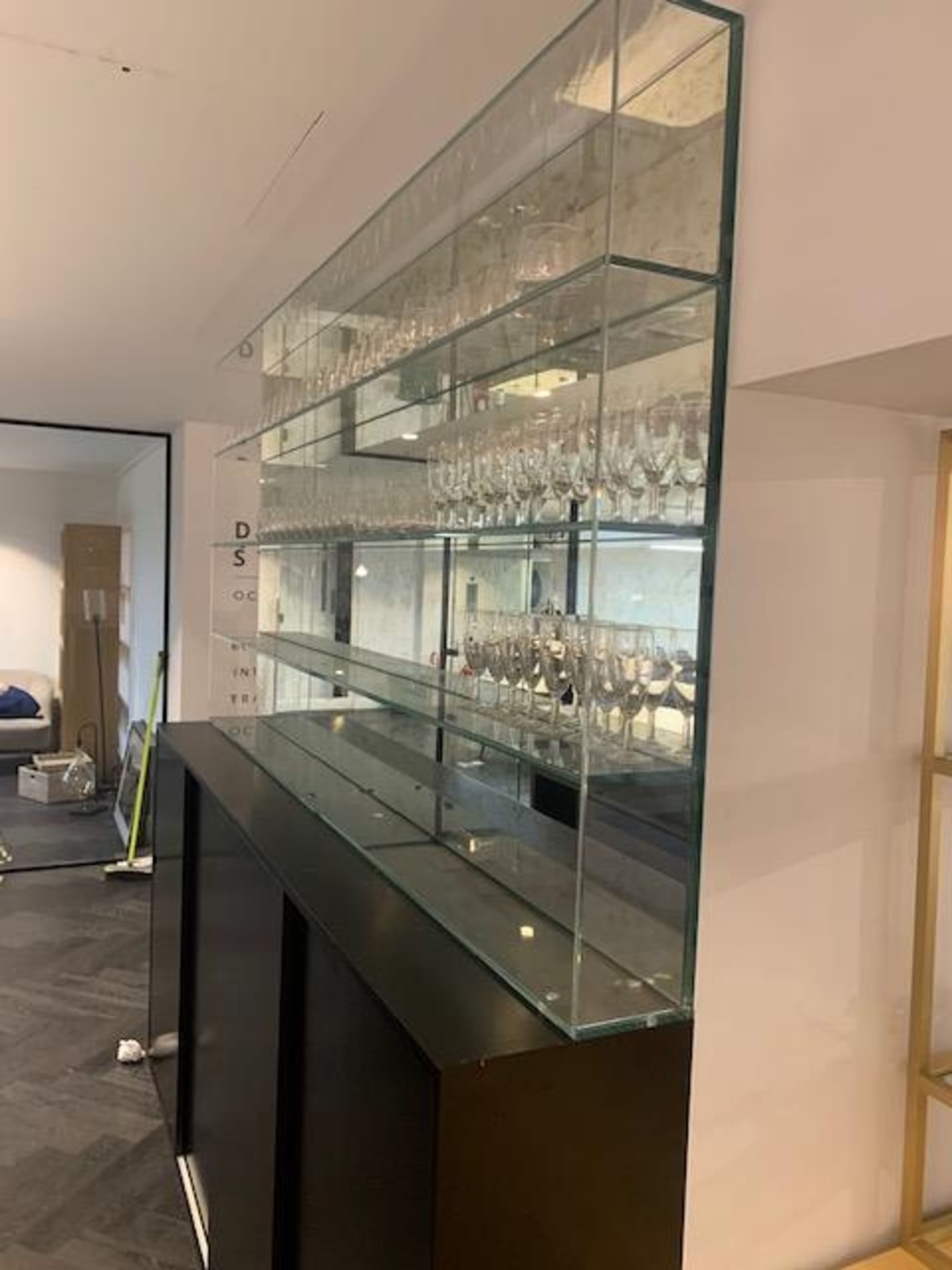 Marble top bar c/w glass display shelving and roller fronted storage units with approx 100 - Image 6 of 8