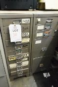 Two steel frame multi drawer storage units and contents incl. various spare parts stock