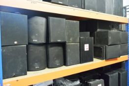Contents of shelf to include assorted wall mountable speakers (racking excluded) (please note:
