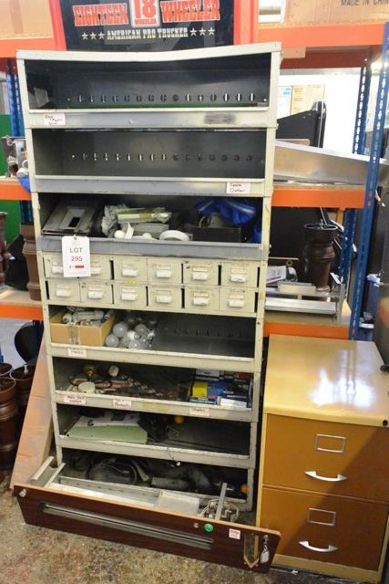 Steel multi shelf/drawer storage unit and 2 drawer filing cabinet, with contents, including