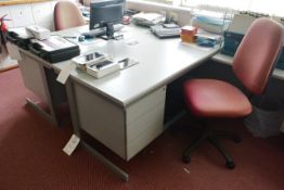 Two grey laminate L shape 3 drawer desks and two cloth upholstered swivel chairs