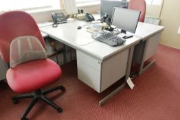 Two grey laminate L shape 3 drawer desks and two cloth upholstered swivel chairs