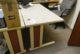 Two cream laminate office desks, two various pedestal units, four various chairs