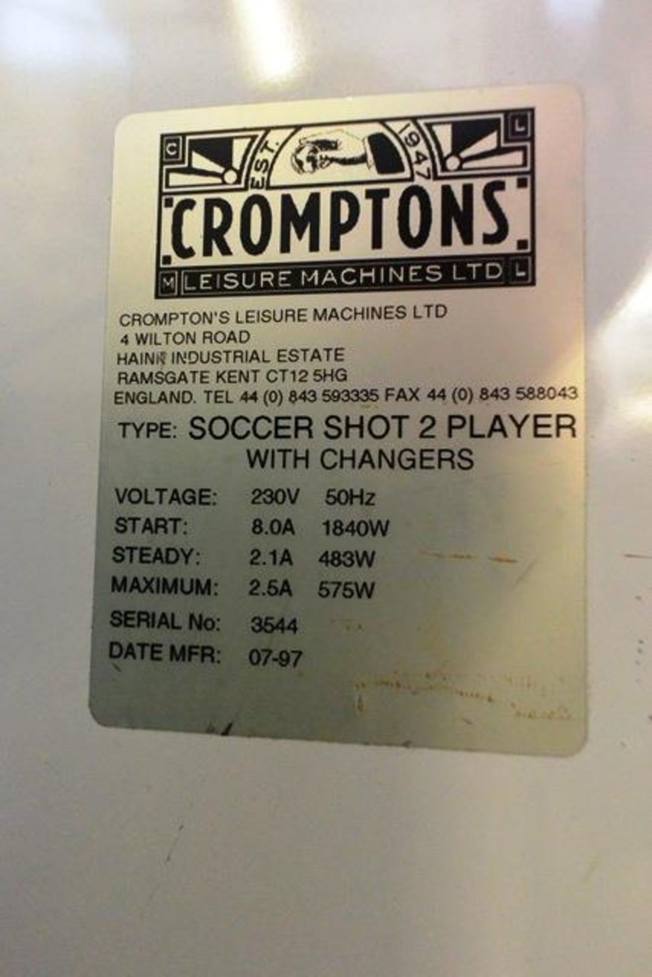 Cromptons Leisure Machines Ltd "Soccer Shot 2 Player with Changers" (1997), pay to play, serial - Image 4 of 4