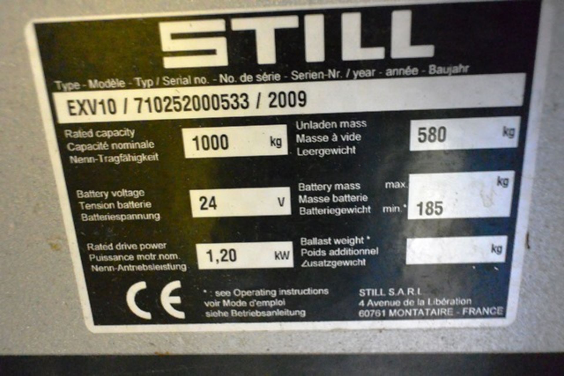 Still battery powered pallet stacker, with charger, EXV10/710252000533/2009, 1000kg capacity, lift - Image 3 of 4