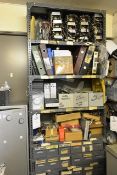 Steel frame multi shelf/drawer storage unit and contents, to incl. various DVD drives, amusement/