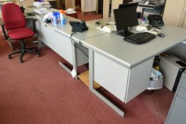 Two grey laminate L shape 3 drawer desks and two cloth upholstered swivel chairs