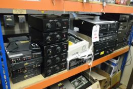 Contents of shelf to include four Blackbox AV A-2005, Black Box A600 CD, Stage Line STA-700 800w