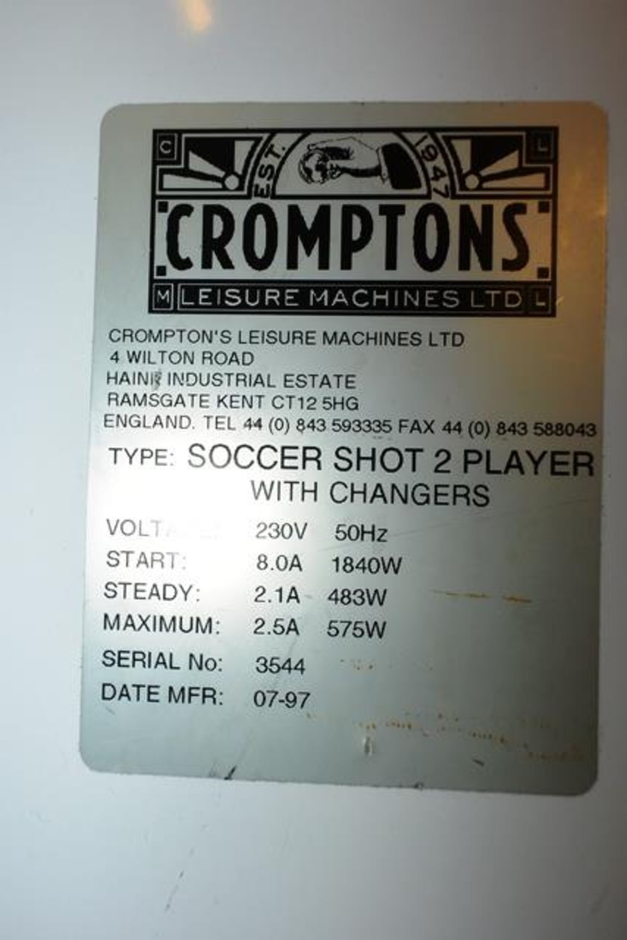 Cromptons Leisure Machines Ltd "Soccer Shot 2 Player with Changers" (1997), pay to play, serial - Image 3 of 4