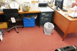 Two various timber topped desks, steel frame 2 drawer pedestal unit, and 2 cloth upholstered chairs