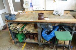 Steel frame table and contents, including pool table cushions, leg stands, etc.