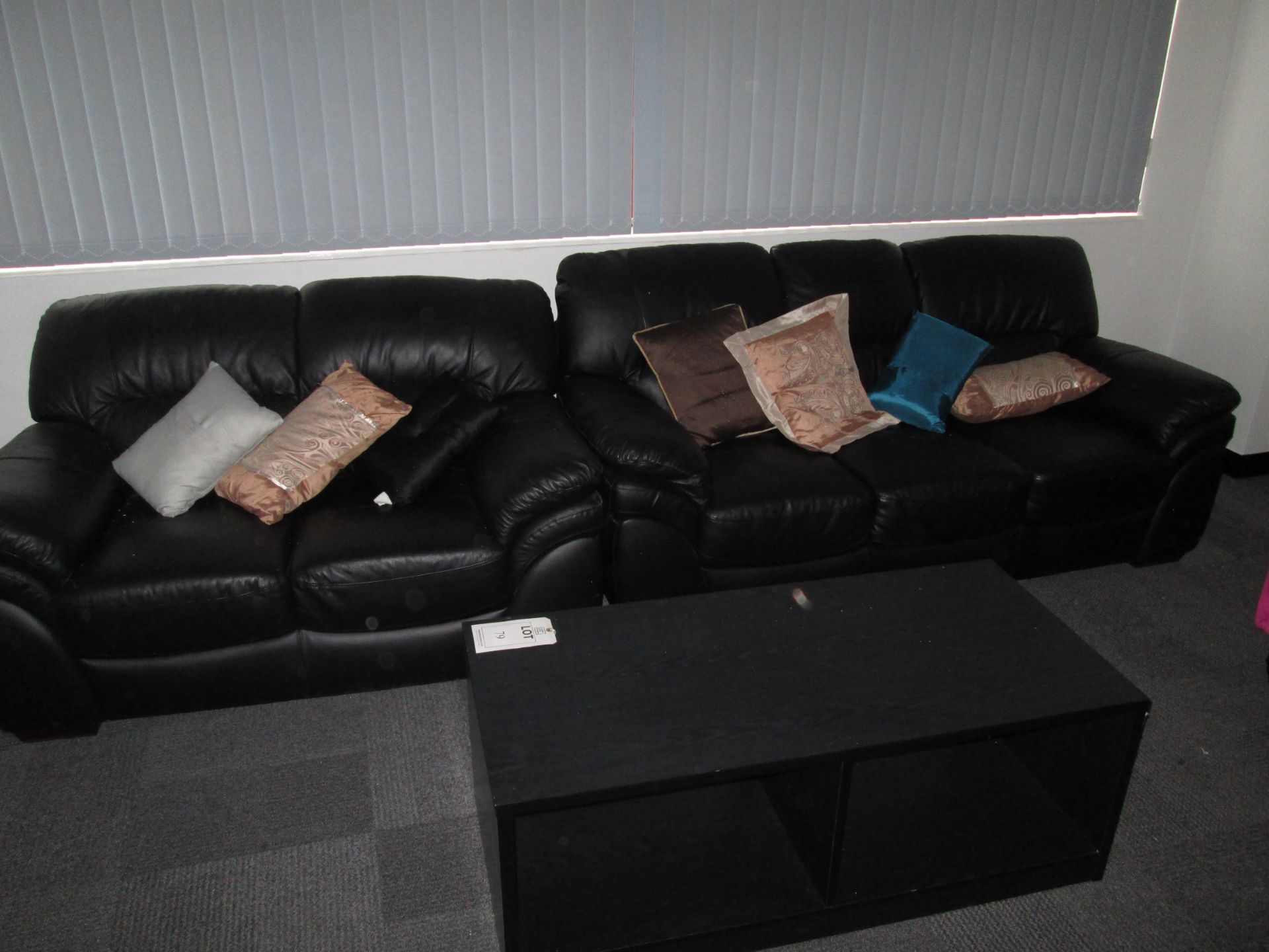 3 seater black faux leather sofa plus 2 seater faux leather sofa and coffee table - Image 2 of 4