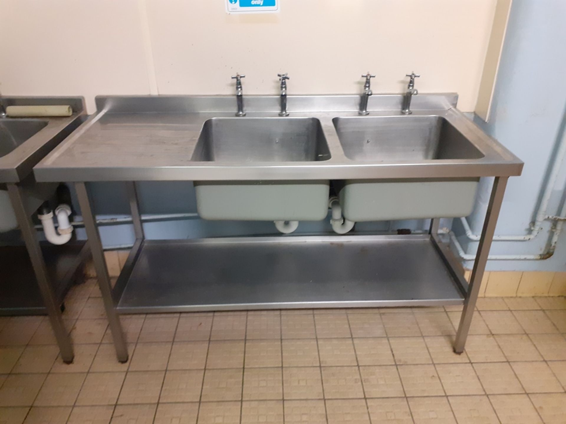 9 - assorted stainless steel prep benches with undershelves, 2 deep twin bowl stainless steel wash - Image 3 of 10