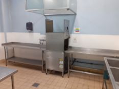 Hobart Model-AM12 commercial hood dishwasher- 415V, SN 86201172, with stainless steel infeed &