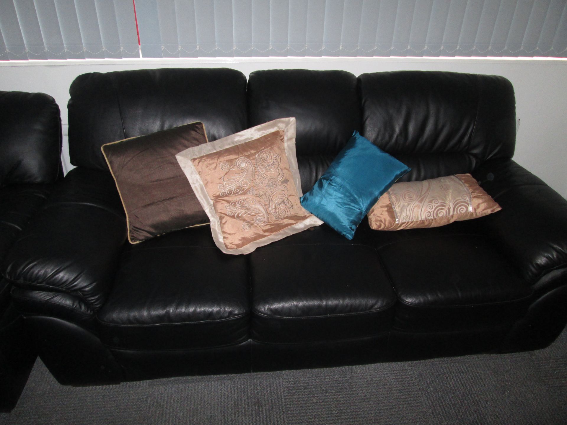 3 seater black faux leather sofa plus 2 seater faux leather sofa and coffee table - Image 3 of 4