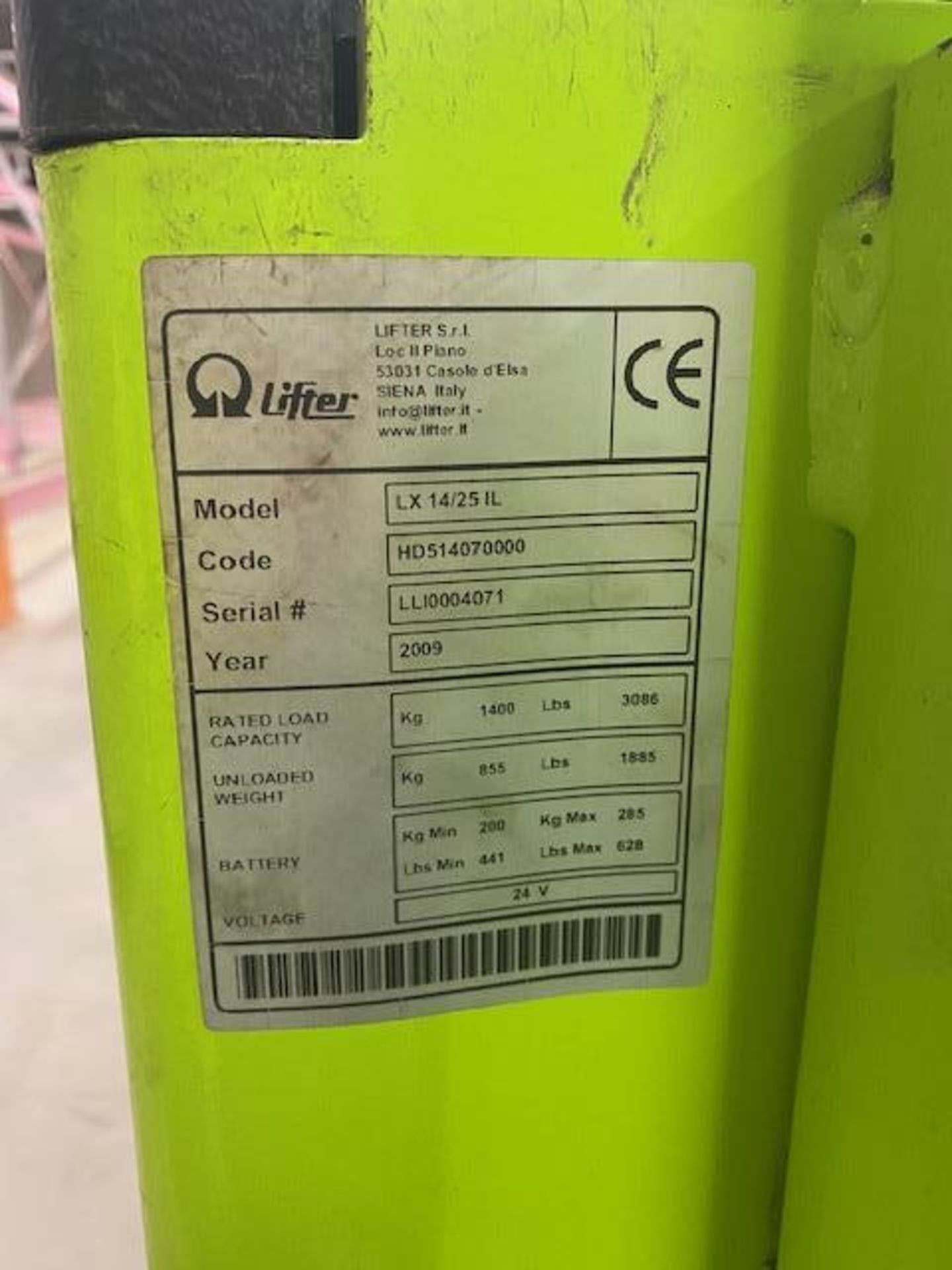 Lifter Pramac LX14/25 IL pedestrian fork lift truck, serial no. LL10004071 (modified forks), year - Image 2 of 5