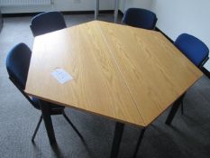 Six sided 2 piece meeting table with 4 blue fabric chairs