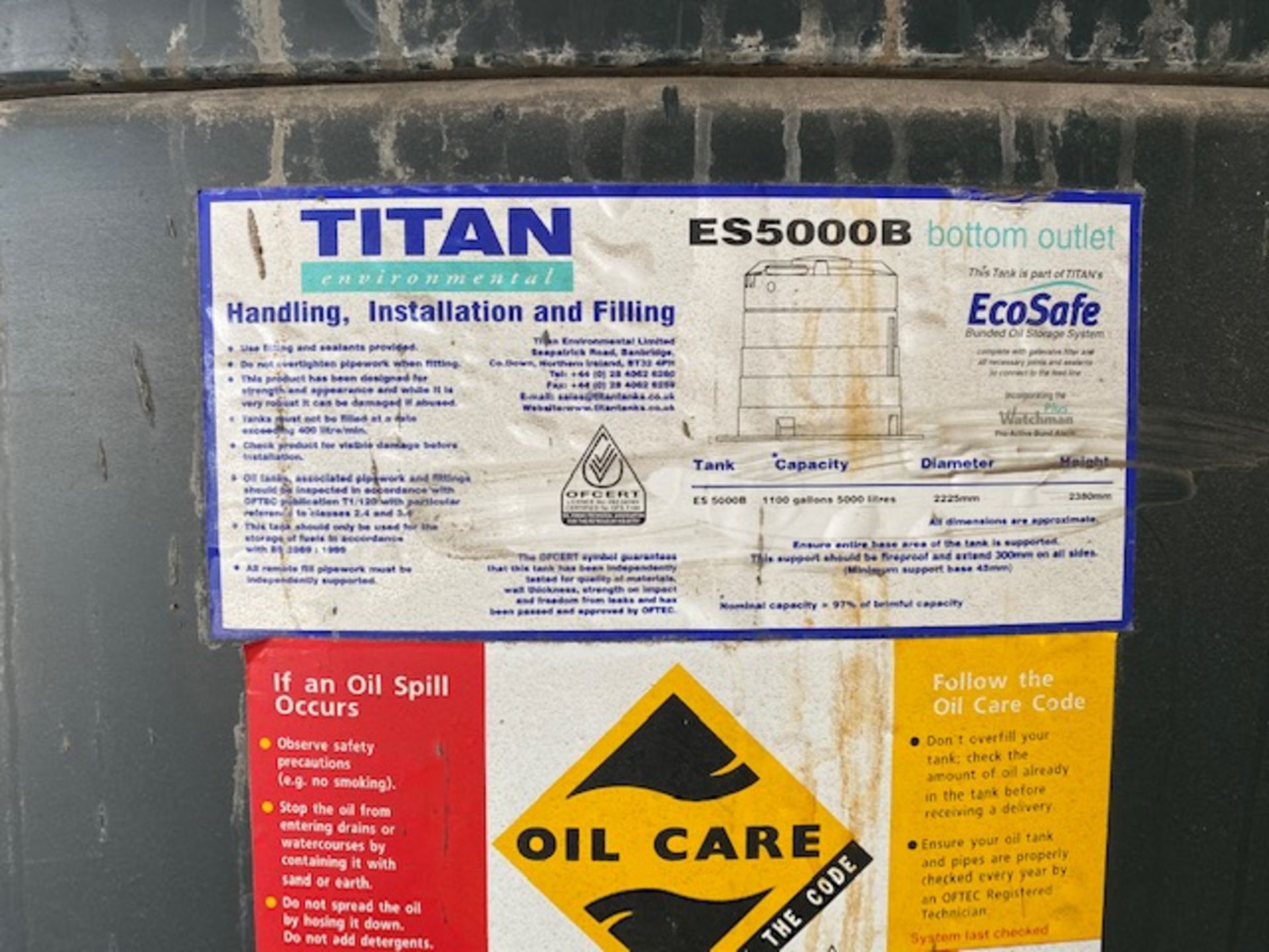Titan ES5000B Ecosafe bunded oil storage tank, capacity 5000 litres, diameter 2225mm, height - Image 2 of 2