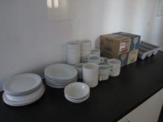 Assorted china and glassware, jugs, gloves, napkins, cups, desk fan, cool boxes etc.,Located at main