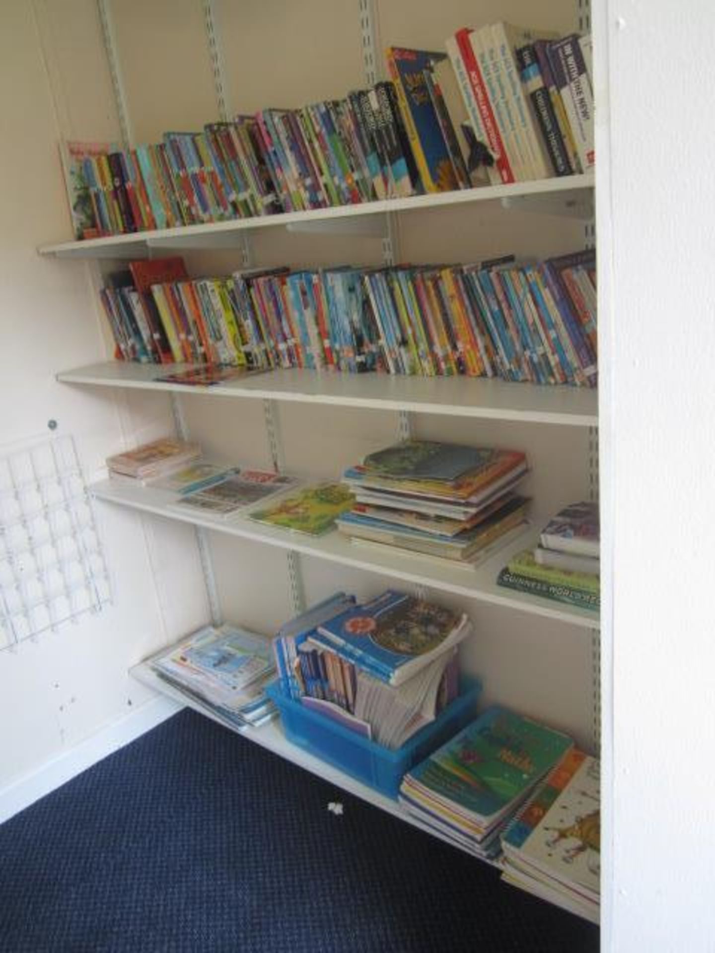 Wood effect bookcase with assorted books, teaching aids, board games, books etc.,Located at main - Image 5 of 13
