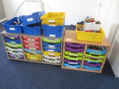 2 x tray storage units with contents of pens, scissors, teaching aids, colouring pencils, etc.,