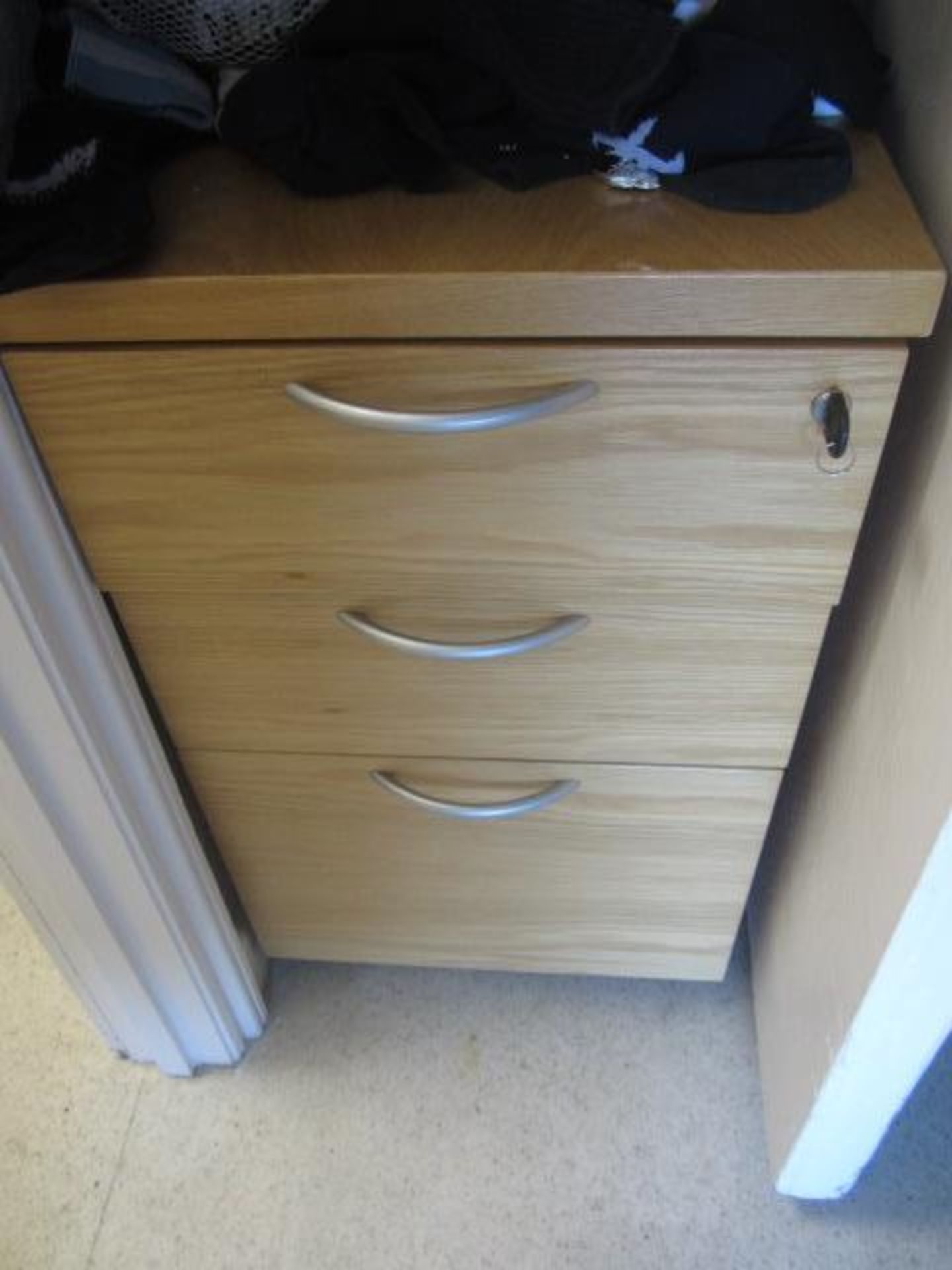 Wood effect desk with drawer, pedestal unit, 3 drawer storage unit, folding chair, Canon printer, - Image 3 of 5