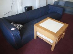 Upholstered/Denim 3 seat settee, wood effect coffee table,Located at main school,** Located at