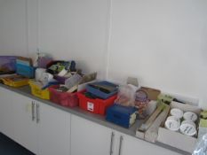 Miscellaneous lot including glue guns, desk tidies, scales, storage boxes, safety glasses, games,